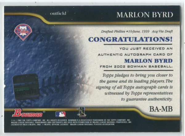 2002 Bowman Certified Autograph Issue #BA-MB Marlon Byrd