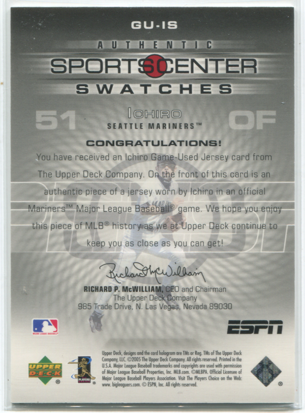 2005 Upper Deck Sportscenter Authentic Swatches #GU-IS Ichiro Suzuki Card