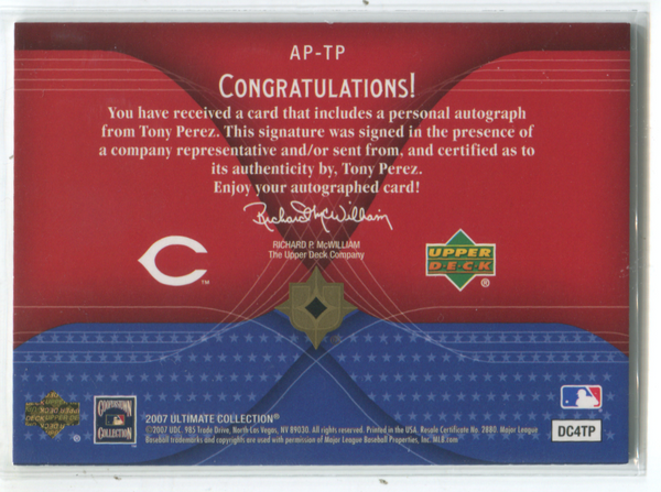 2007 Upper Deck America`s Past Time #AP-TP Tony Perez Autographed Card