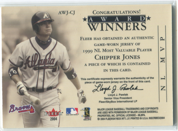 2004 Fleer Award Winners #AWJ-CJ Chipper Jones Card 136/175