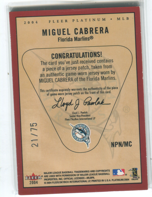 2004 Fleer Platinum #NPN/NC Miguel Cabrerra Jersey Card 21/75