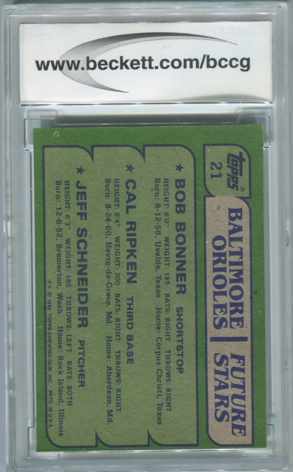 1982 Topps #21 Baltimore Orioles Future Stars B.Bonner/C.Ripken/J.Schneider (BCCG) Graded 9