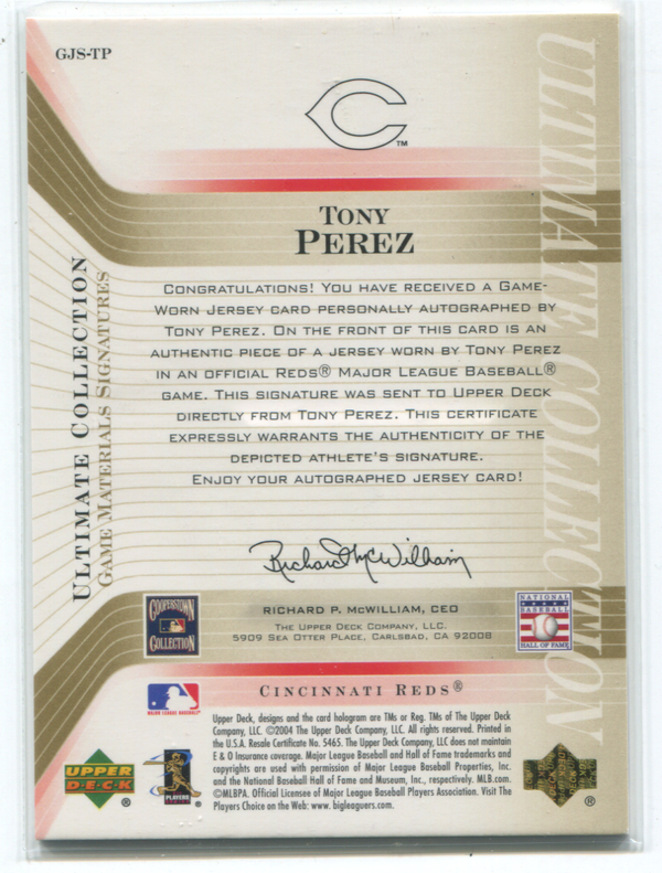 2004 Upper Deck Ultimate Game #GJS-TP Tony Perez  Autographed Jersey Card