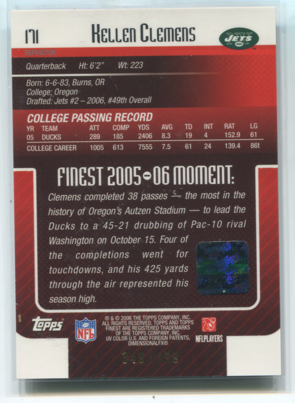 2006 Topps Finest Rookie Red #171 Kellen Clemens Autographed Card 349/399