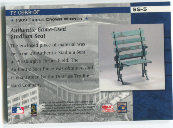 2001 Donruss Classics Authentic Stadium Seat #SS-5 Ty Cobb Card