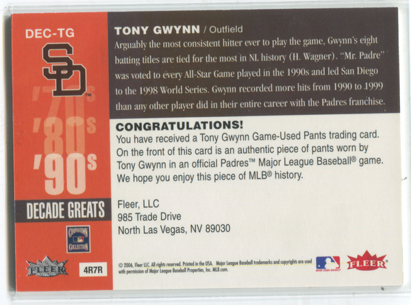 2006 Fleer Greats Of The Game #DEC-TG Tony Gwynn Jersey Card