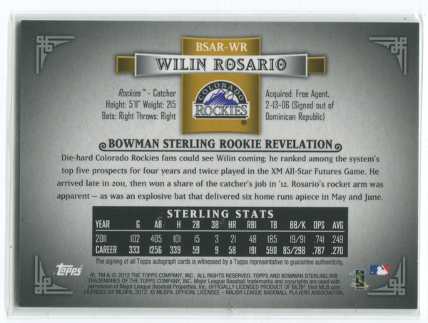 2012 Topps Bowman Sterling #BSAR-WR  Wilin Rosario Autographed Card 20/50