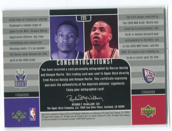 2003 Upper Deck Inspirations Dual #135 Marcus Hatslip/Kenyon Martin Autographed Card 0688/1600