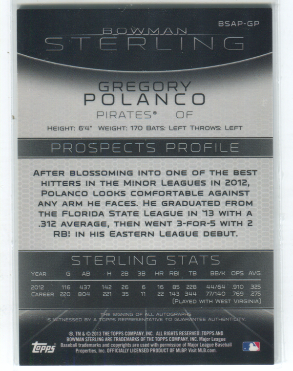 2013 Topps Bowman Sterling #BSAP-GP Gregory Polanco Autographed Card