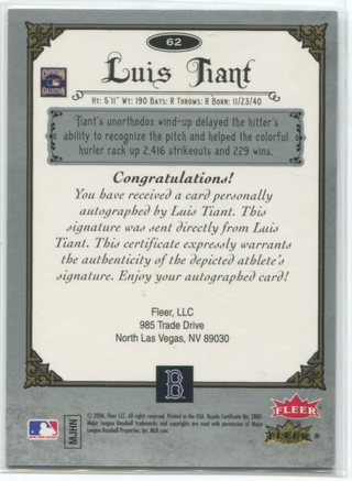 2006 Fleer Greats Of The Game #62 Luis Tiant Autographed Card