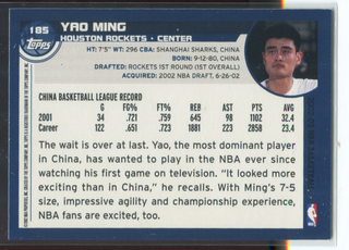 2002 Topps Rookie Card #185 Yao Ming