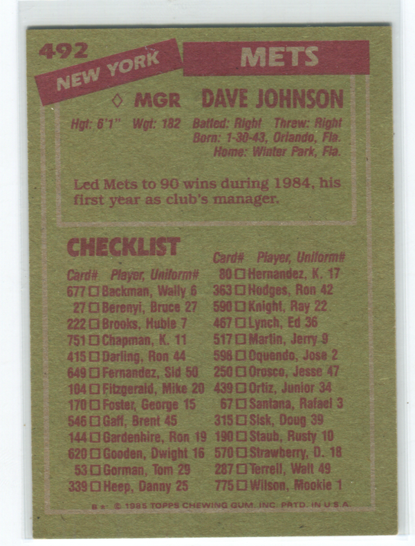 1985 Topps #492 Dave Johnson Autographed Card