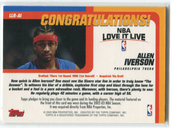 2002-03 Topps NBA Love it Live #LLR-AI Allen Iverson