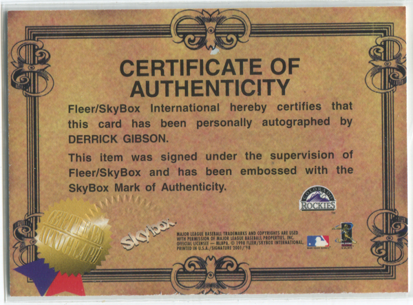 2001 Skybox Signature Derrick Gibson Autographed Card