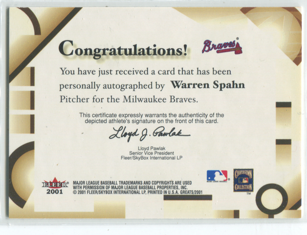 2001 Fleer Greats Of The Game Warren Spahn Autographed Card