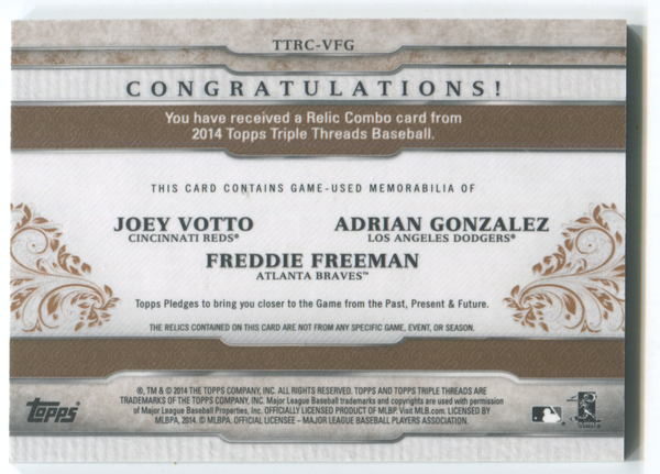2014 Topps Triple Threads #TTRC-VFG Joey Votto/Adrian Gonzalez/Freddie Freeman Jersey Card