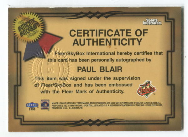 1999 Fleer Greats Of The Game Autograph Collection Paul Blair Card