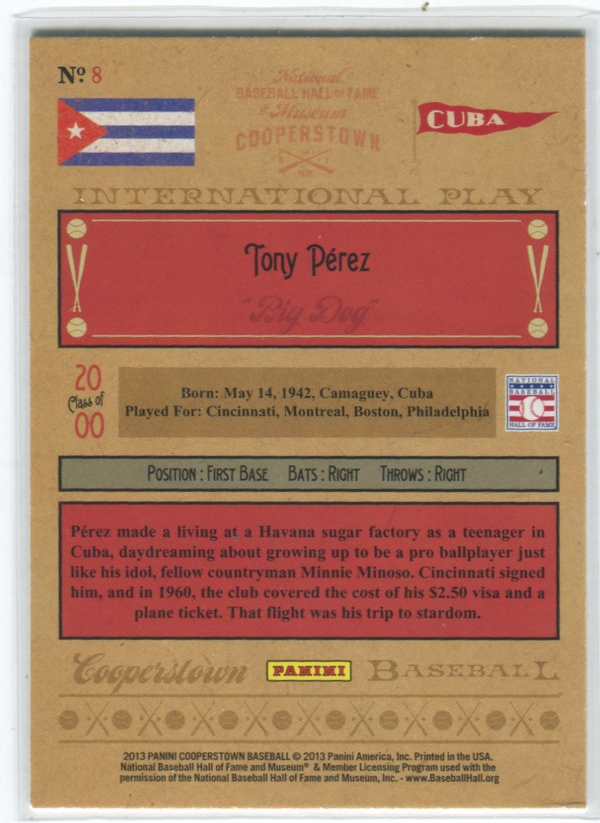 2013 Panini Cooperstown Cuba #N8 Tony Perez Card