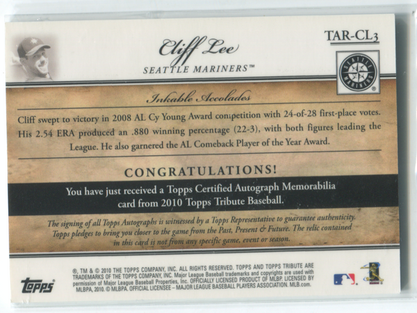 2010 Topps Tribute #TAR-CL3 Cliff Lee Autographed Card 73/99
