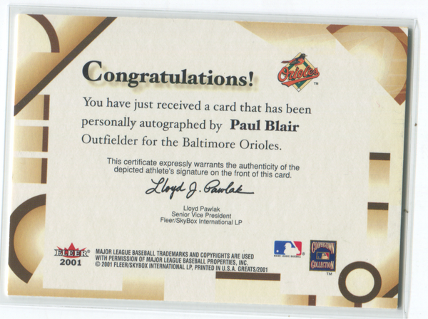 2001 Fleer Greats Of The Game Paul Blair Autographed Card