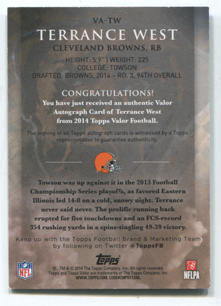2014 Topps Certified Autograph Issue #VA-TW Terrence West Card