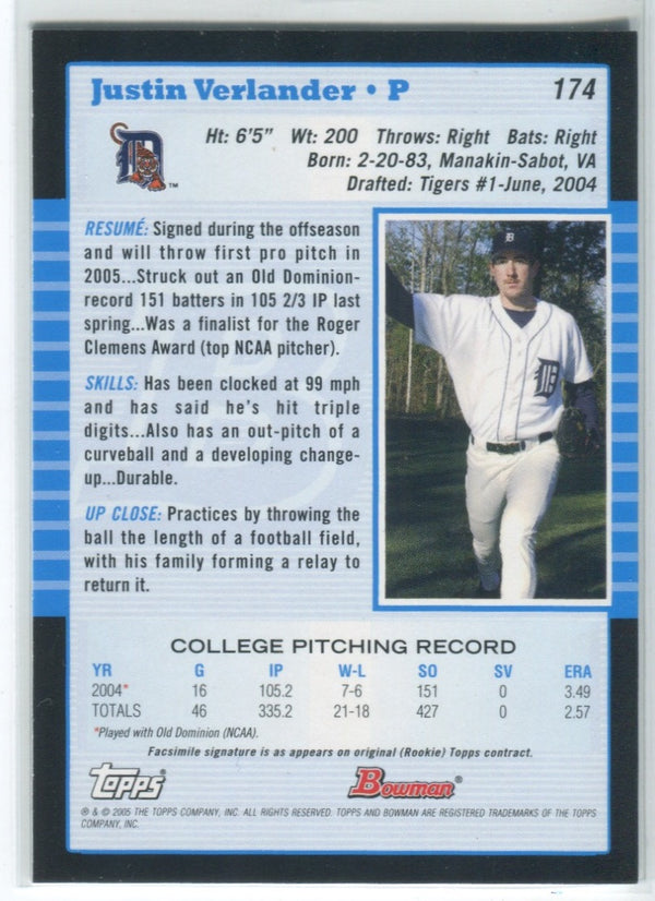 2005 Bowman First Year #174 Justin Verlander Card