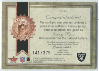 2003 Fleer Seal Of Approval Snapshot #SA-JR Jerry Rice Jersey Card #141/375