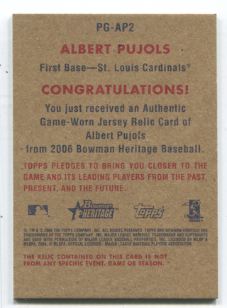 2006 Topps Bowman Heritage #PG-AP2 Albert Pujols Jersey Card