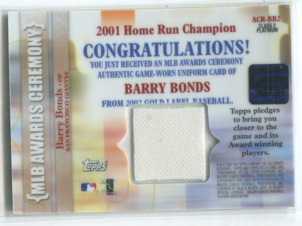 Barry Bonds 2002 Topps MLB Awards Ceremony #ACR-BB2 Jersey