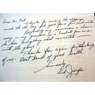 Billy Jurges Autographed / Signed Letter