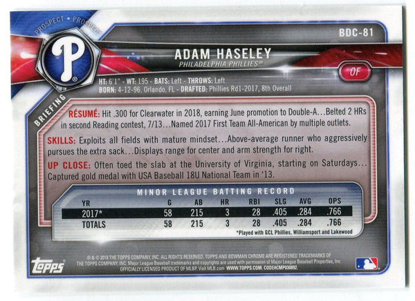 Adam Haseley 2018 Bowman Chrome Rookie Card