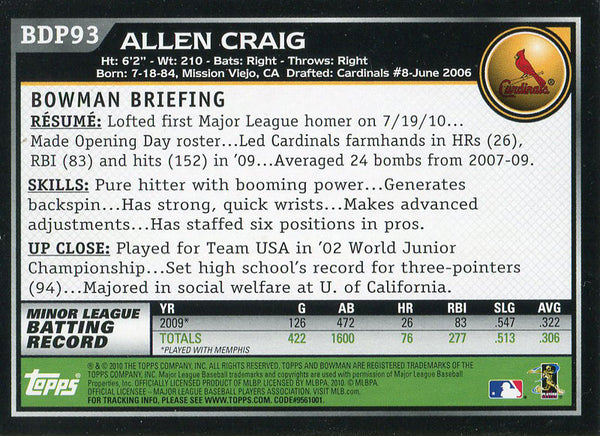Allen Craig Unsigned 2010 Bowman Rookie Card
