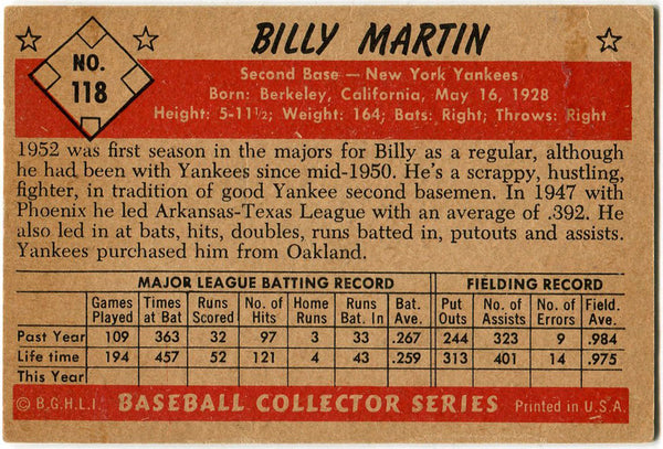 Billy Martin 1953 Bowman Card #118