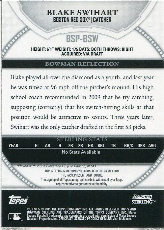 Blake Swihart Autographed 2011 Bowman Sterling Rookie Card