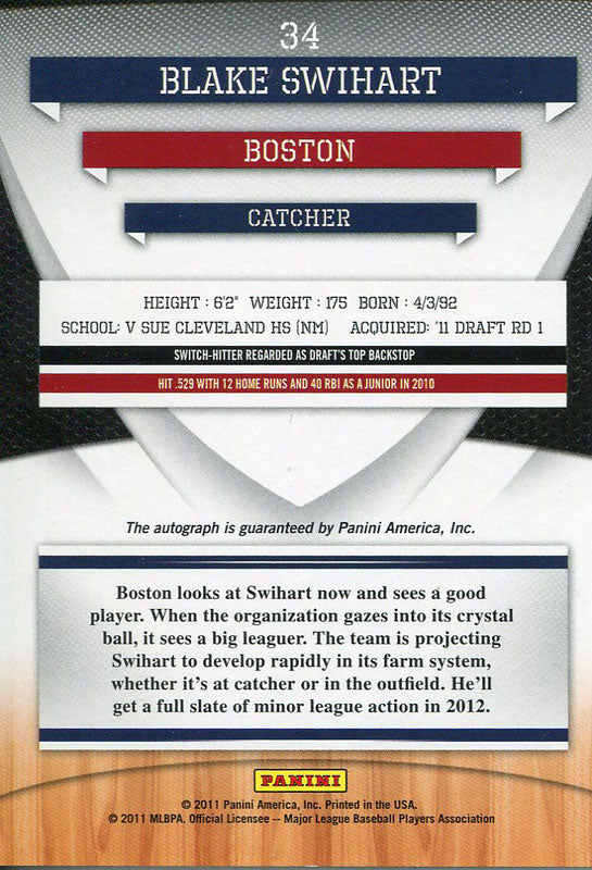 Blake Swihart Autographed 2011 Donruss Elite Rookie Card
