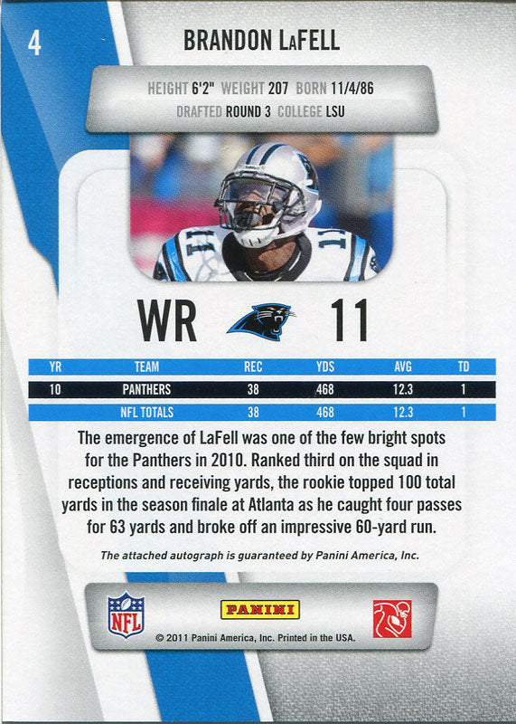 Brandon LaFell Autographed 2011 Panini Prestige Rookie Card