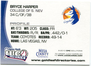 Bryce Harper 2010 Juco World Series Mesa County Card Back