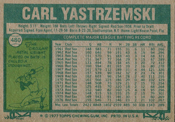 Carl Yastrzemski 1977 Topps Card #480