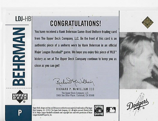 Hank Behrman 2001 Upper Deck #LDJ-HB (60/500) Game Worn Jersey