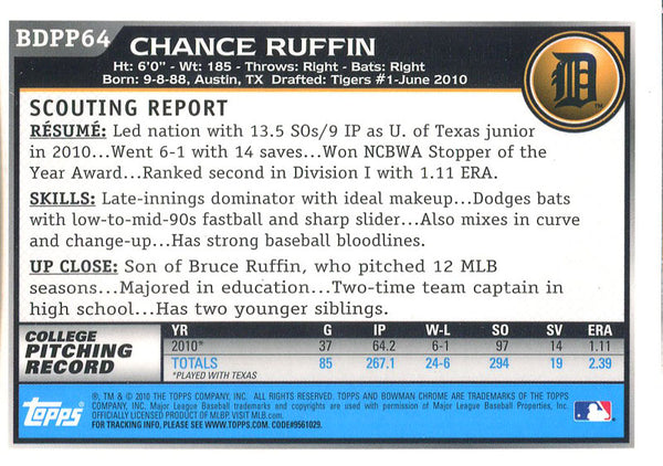 Chance Ruffin Autographed 2010 Bowman Chrome Rookie Card