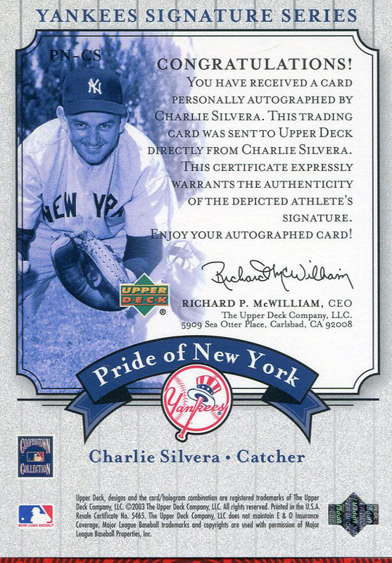 Charlie Silvera Autographed 2003 Upper Deck Card