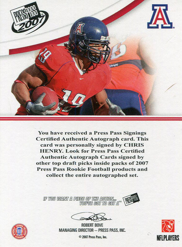 Chris Henry Autographed 2007 Press Pass Rookie Card