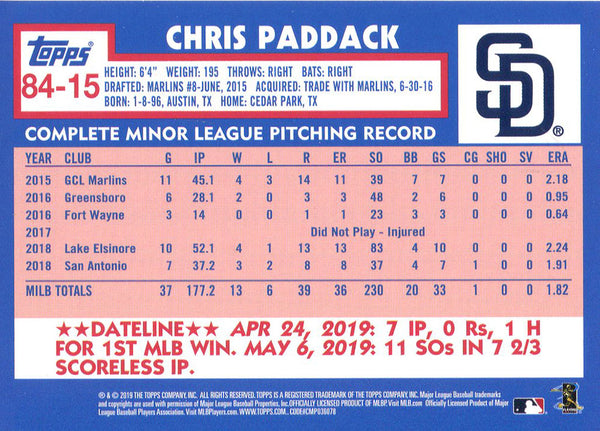Chris Paddack 2019 Topps Rookie Card #15