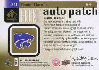 Daniel Thomas Autographed 2011 Upper Deck SP Rookie Jersey Card back