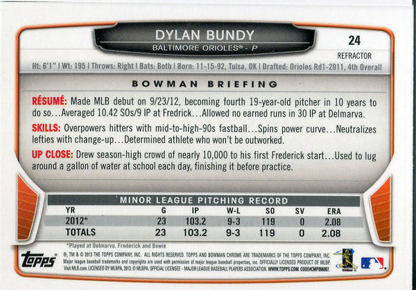 Dylan Bundy Unsigned 2013 Bowman Chrome Rookie Card