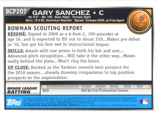 Gary Sanchez Unsigned 2010 Bowman Chrome Rookie Card Back
