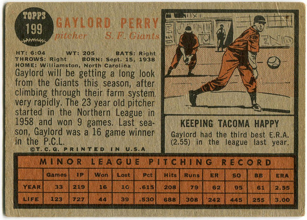 Gaylord Perry 1962 Topps Card Back