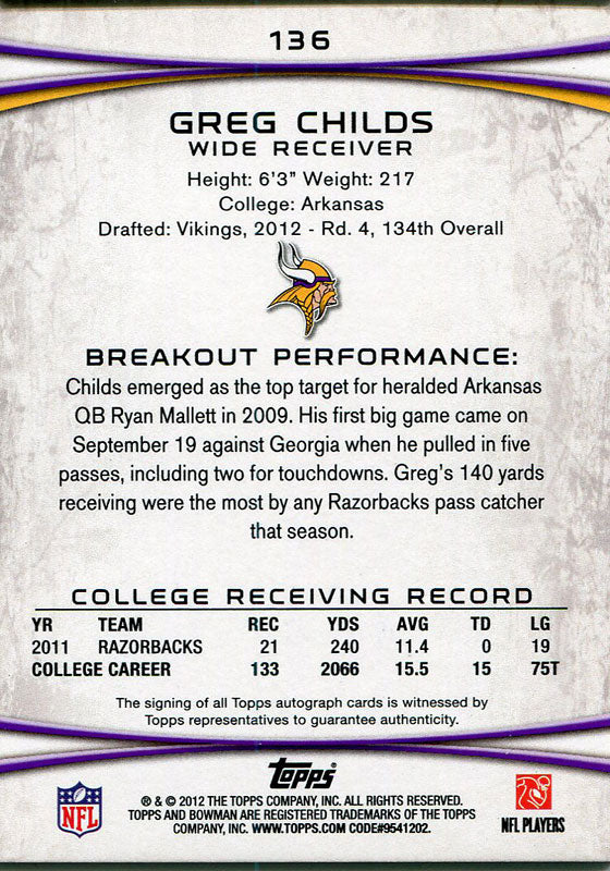 Greg Childs Autographed 2012 Bowman Rookie Card