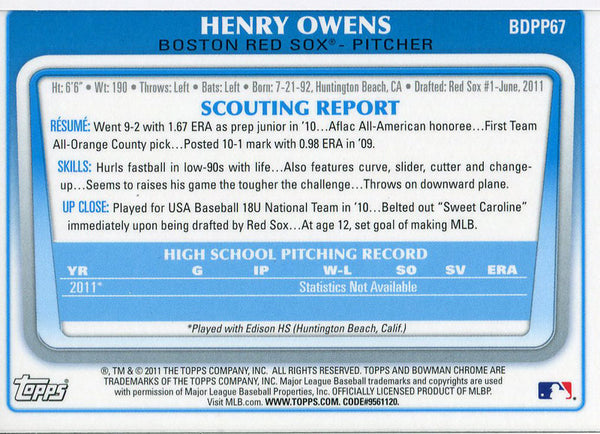 Henry Owens Unsigned 2011 Bowman  Chrome Rookie Card