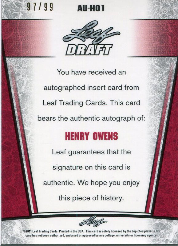 Henry Owens Autographed 2011 Leaf Draft Rookie Card